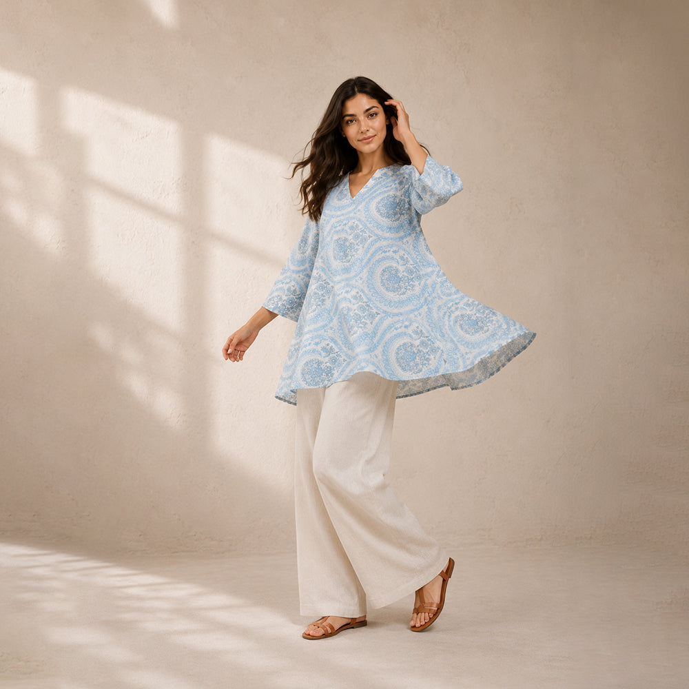 Women's Sky Blue Printed Cotton Flared Kurti
