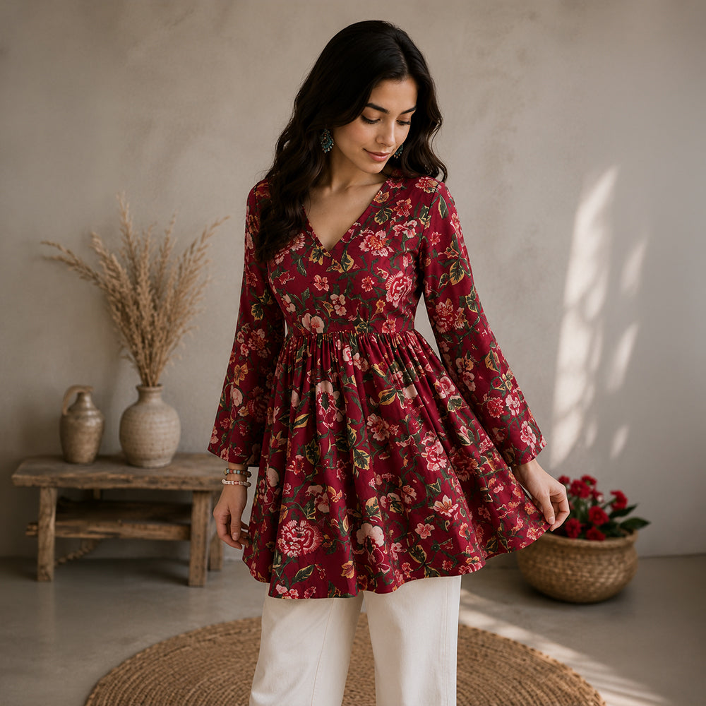 Women's Maroon Floral Printed Cotton Peplum Kurti