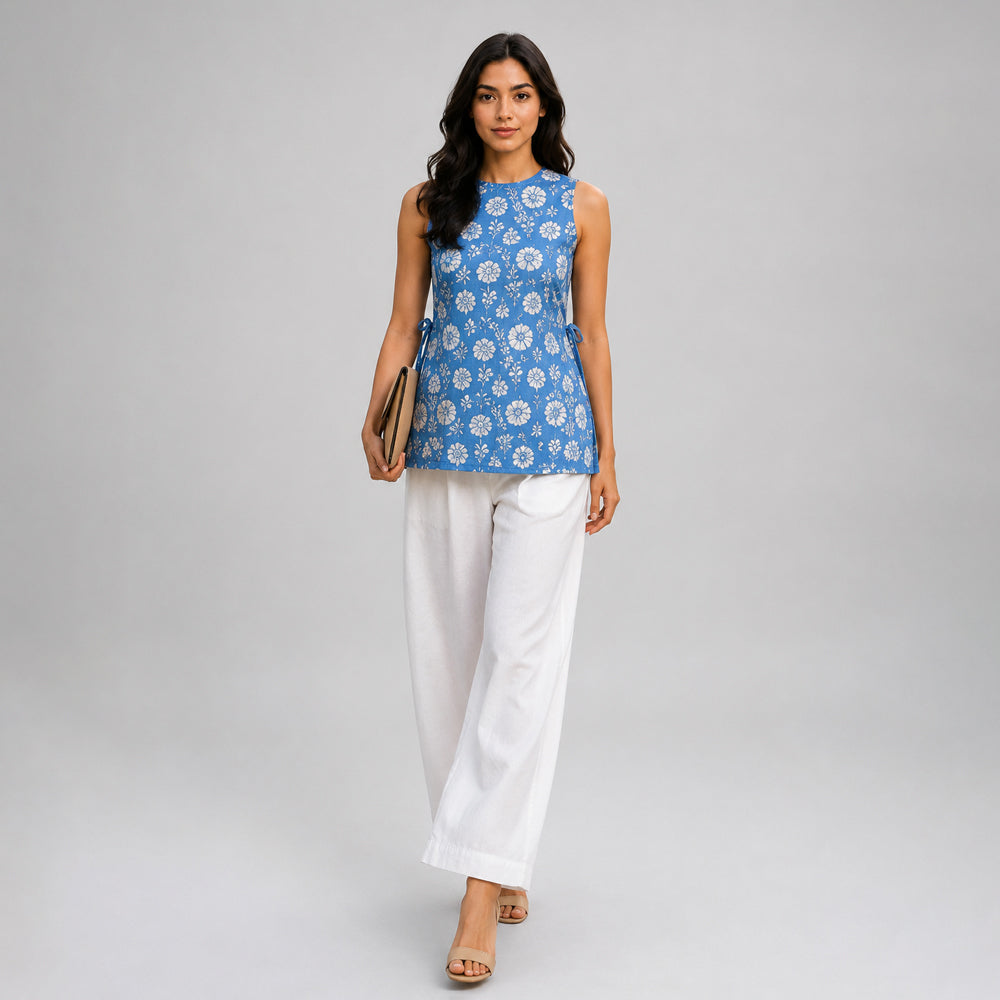 Blue Floral Sleeveless Cotton Top