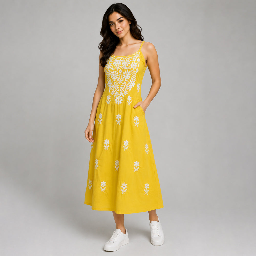 yellow embroidered dress Midi Embroidered Tulle Color Embroidered Yellow Midi Dress