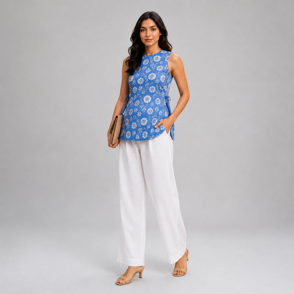 Blue Floral Sleeveless Cotton Top