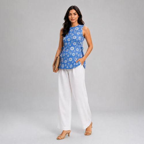 Blue Floral Sleeveless Cotton Top