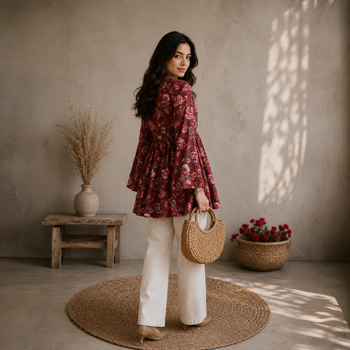 Women's Maroon Floral Printed Cotton Peplum Kurti