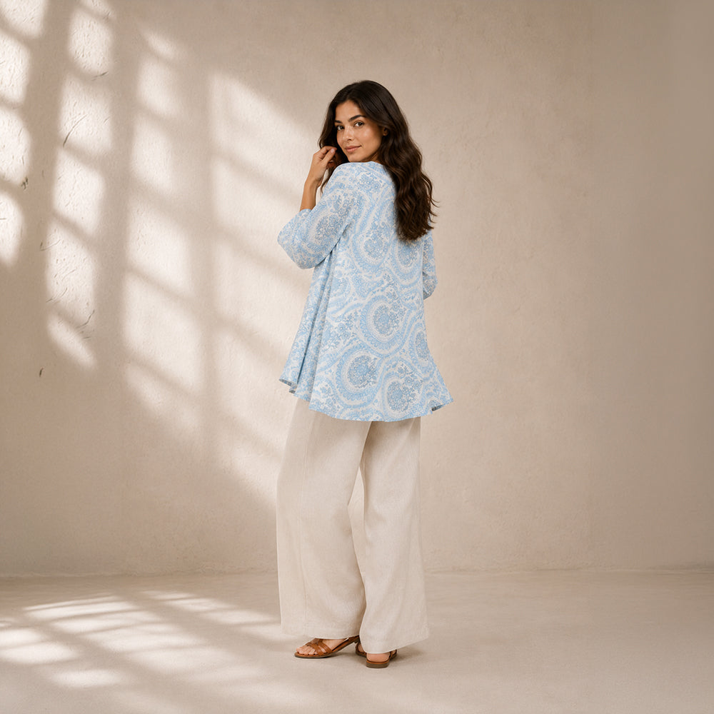 Women's Sky Blue Printed Cotton Flared Kurti