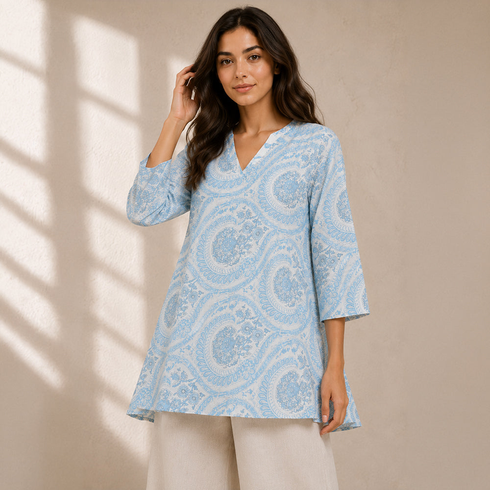 Women's Sky Blue Printed Cotton Flared Kurti