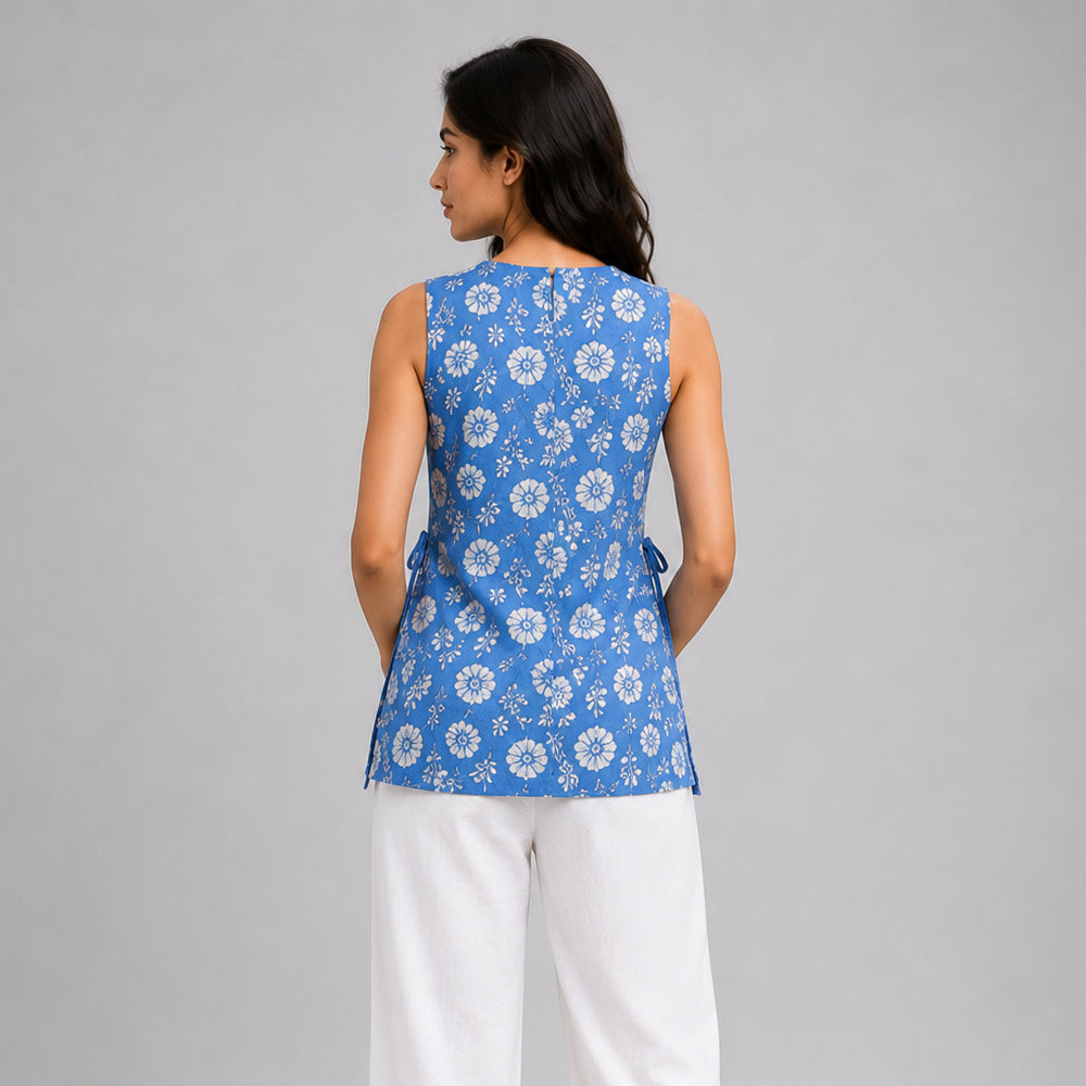 Blue Floral Sleeveless Cotton Top