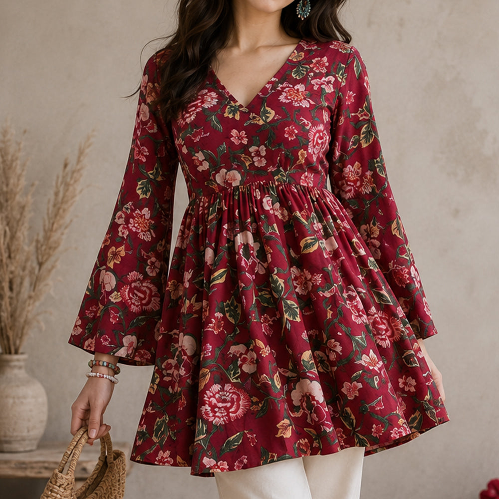 Women's Maroon Floral Printed Cotton Peplum Kurti