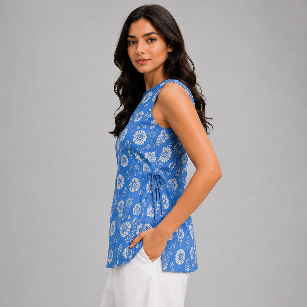 Blue Floral Sleeveless Cotton Top